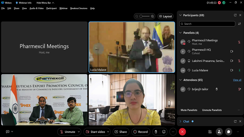 Mr. Raja Bhanu, DG, Pharmexcil Ms. Lakshmi Prasanna, Sr.Director, Mr Murali Director, Pharmexcil in Webinar with Pharmaceutical stakeholders in Caracas, Venezuela-2024