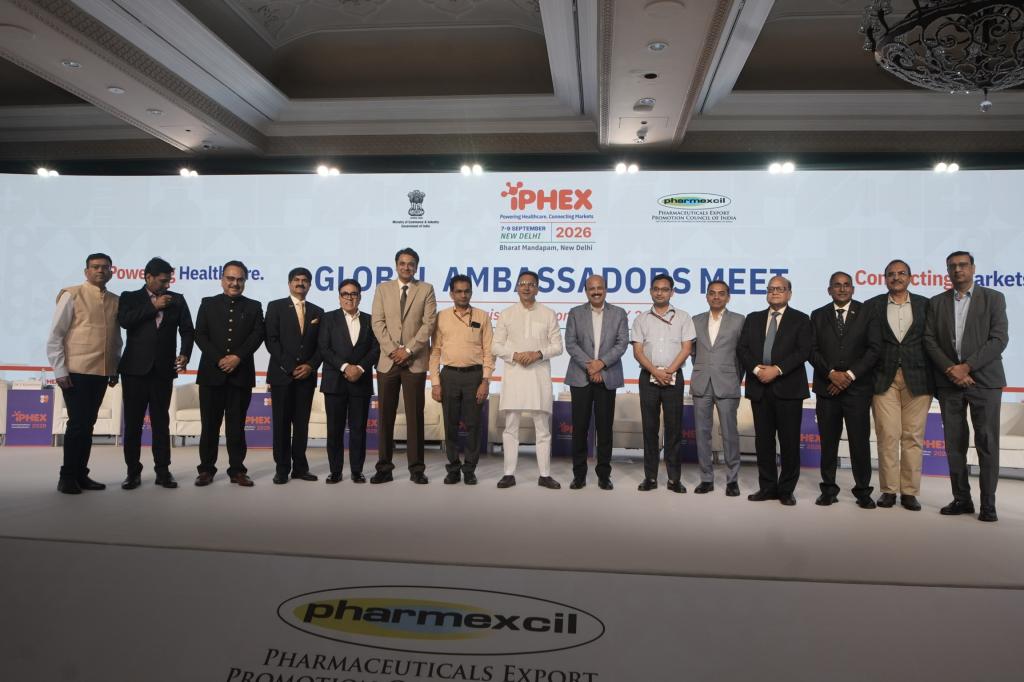 Shri Amit Chawla, CoA Member,  Dr Vishal Rajgharia, CoA Member, Pharmexcil, Shri                      Shri  AVPS Chakravarthi, Honorary Chair- Corporate Communications, Pharmexcil, Shri Nipun Jain, Chairman- iPHEX 2026, Dr V Kalaiselvan, Secretary-cum-Scientific Director, Indian Pharmacopoeia Commission, Shri Jitin Prasada, Hon’ble Minister of State, Ministry of Commerce and Industry, Shri Rajesh Agrawal, IAS, Secretary, Department of Commerce, Ministry of Commerce and Industry, Shri Harsh Mangla, IAS, Joint Secretary, Ministry of Health & Family Welfare, Shri Bhavin Menta, Vice Chairman, Pharmexcil, Shri Sudarshan Jain, Secretary General, Indian Pharmaceutical Alliance, Shri Raja Bhanu, Director General, Pharmexcil, Shri Bharat Desai, CoA, Member, Pharmexcil 